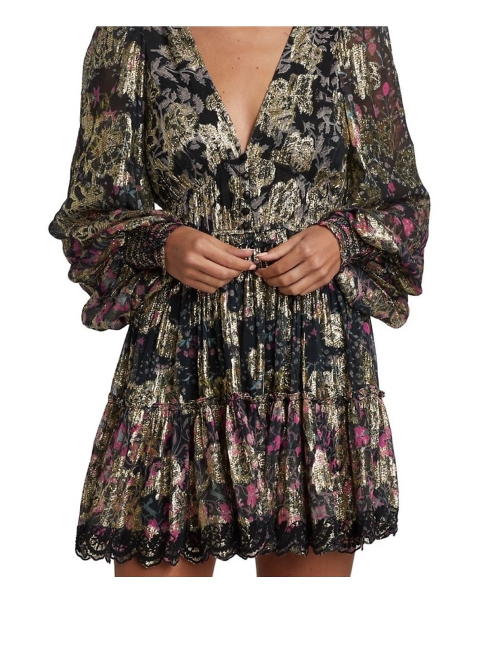 NWT Hemant & Nandita Metallic Tiered Long-Sleeve V-Neck Mini Dress size small - Picture 4 of 8
